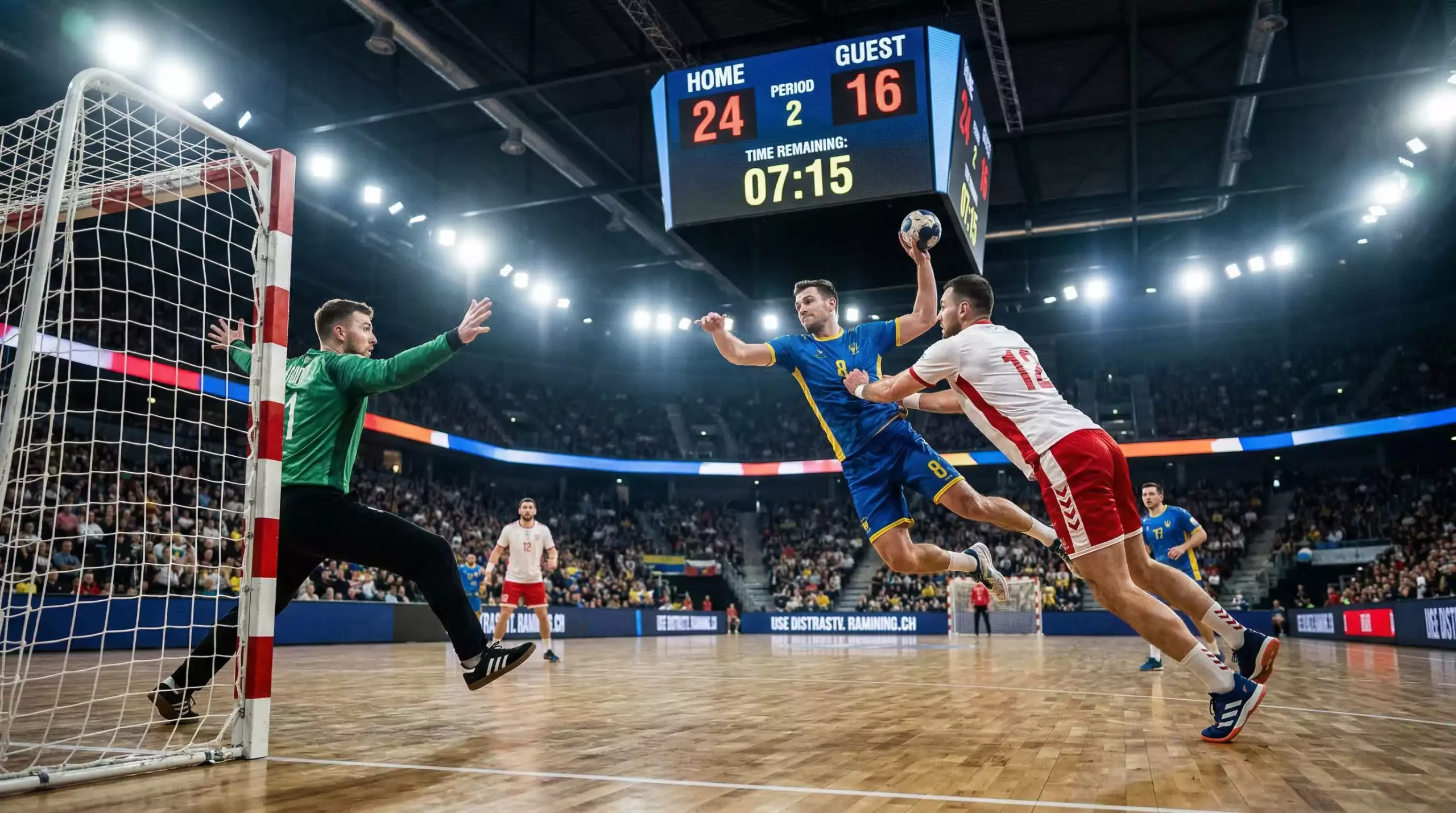 Handball-Spielszene mit Anzeigetafel für Asian Handicap Wetten