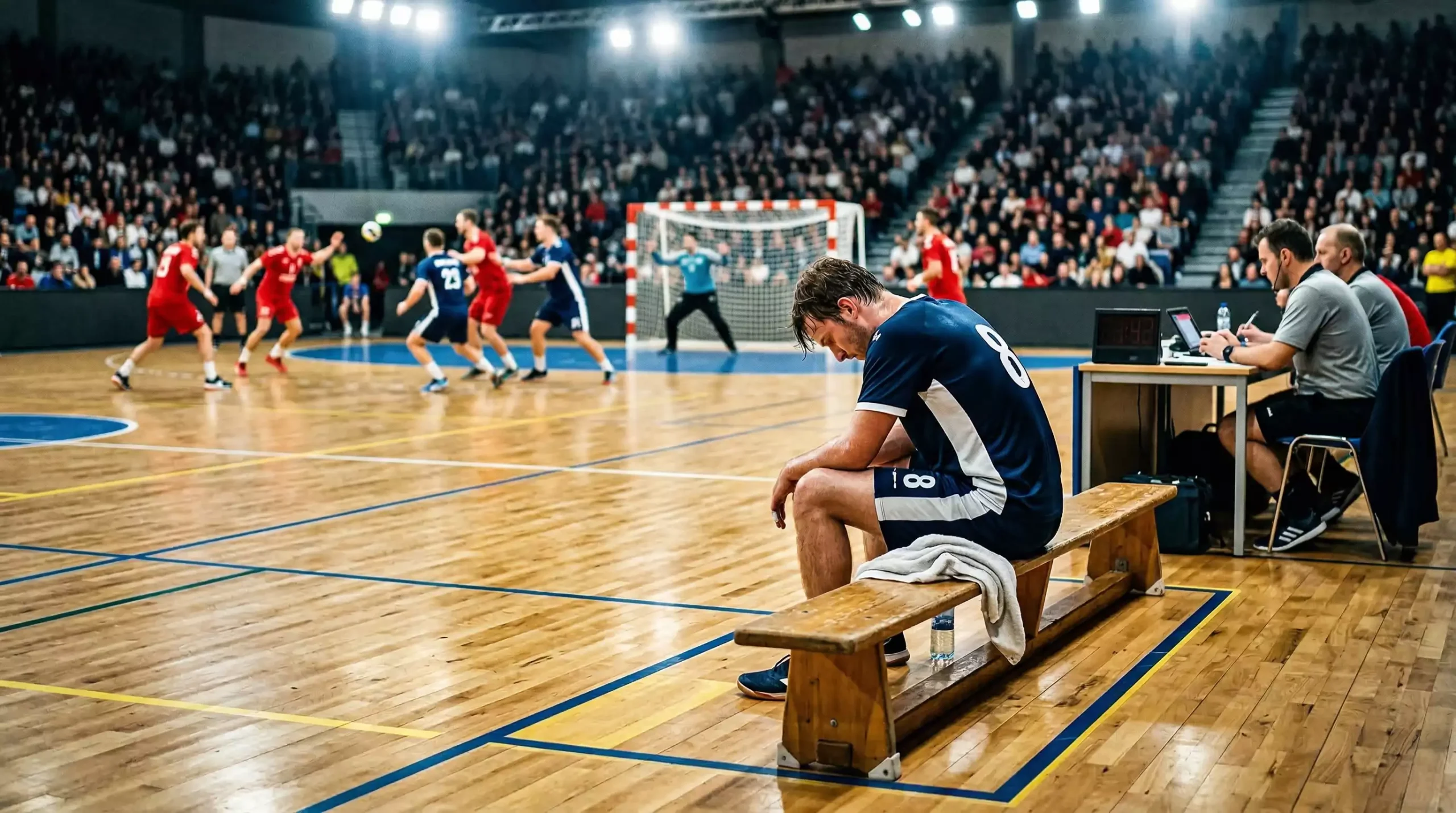 Zeitstrafe im Handball – Spieler auf der Strafbank während eines EHF Champions League Spiels